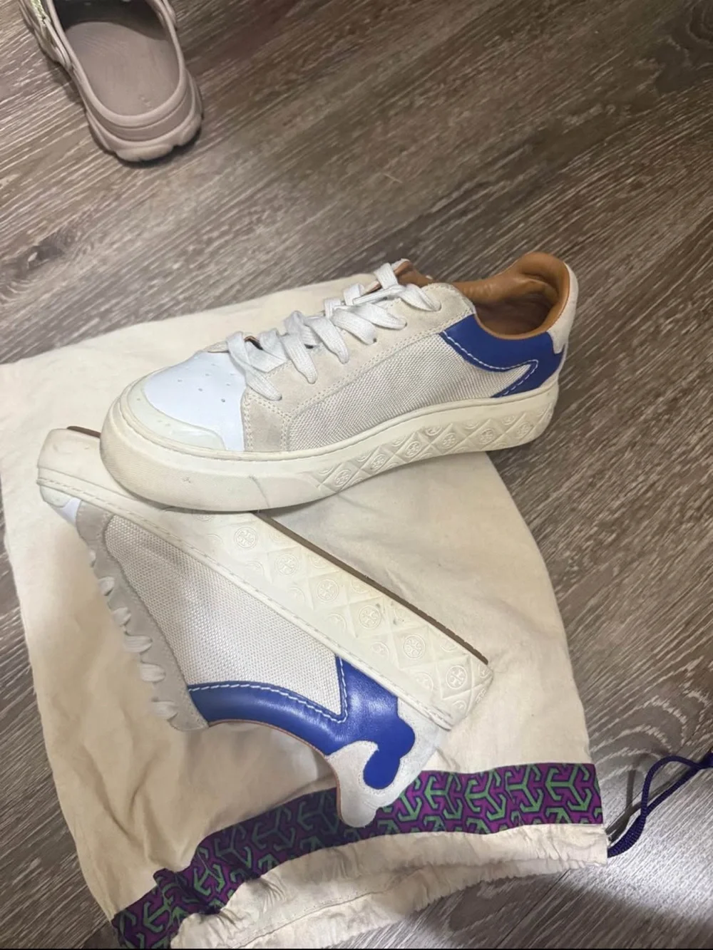 Tory Burch White Canvas Sneakers with Blue Heel and Tan Lining